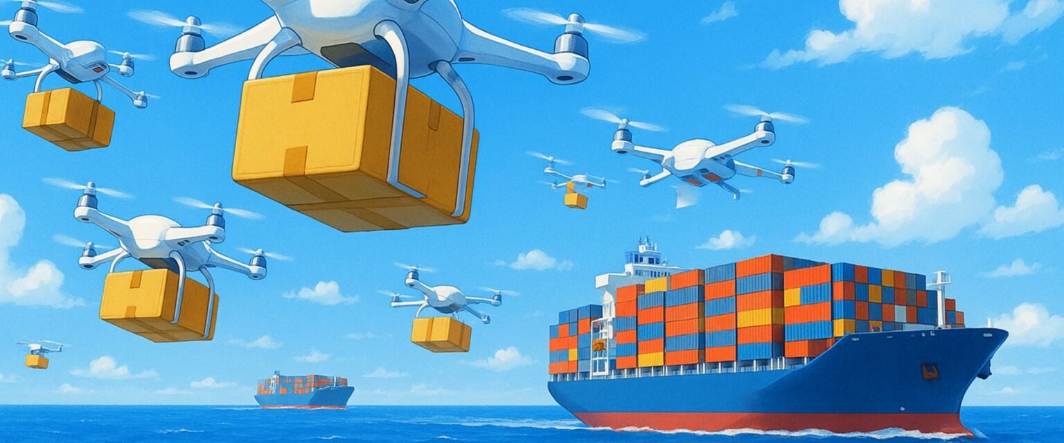 Photo of drones flying towards a container ship